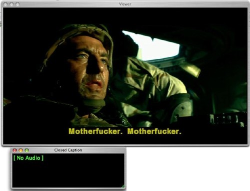 Screenshot shows English subtitle reading Motherfucker. Motherfucker and separate Closed Caption window reading [ No Audio ]