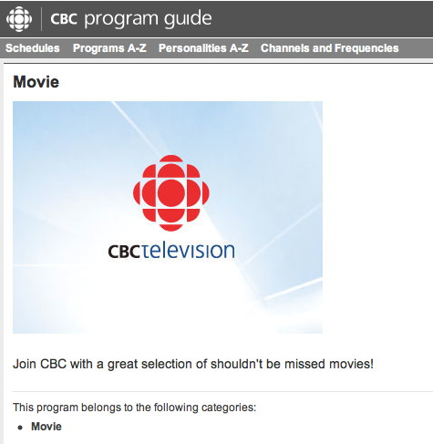 Screen shows headline Movie, CBC logo, and Join CBC with a great selection of shouldn’t be missed movies!