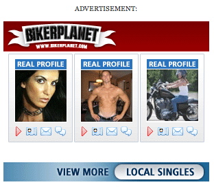 BikerPlanet ad: Close-up of woman, shirtless guy, chick on a Harley