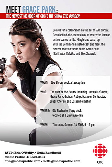 Cocktail-reception invitation with address, date, and Grace Park holding a pistol