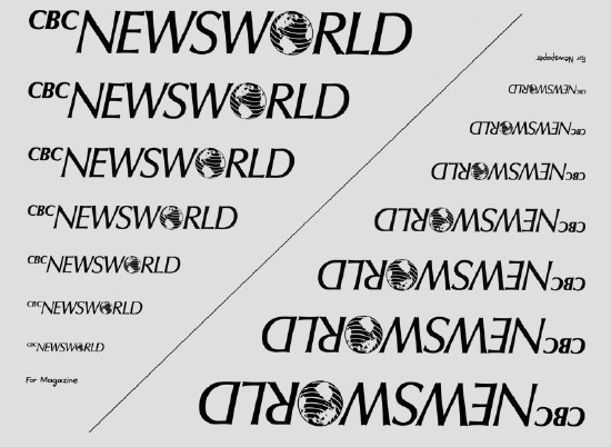 Stack of CBC Newsworld logotypes in decreasing sizes alongside the same thing upside down. One reads For Magazine, the other For Newspaper