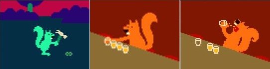 Screenshots from &lsquo;Move Your Body&rsquo;: Squirrel hammers two globes containing people, then knocks back shooters