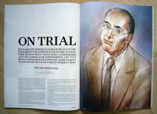 Two-page spread headlined ‘On Trial,’ with full-page illustration of Stursberg