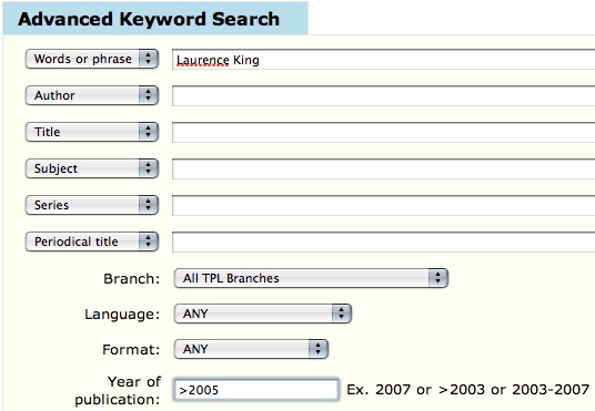 Advanced-search screen with Laurence King filled into the Words or phrase field and >2005 in Year of publication