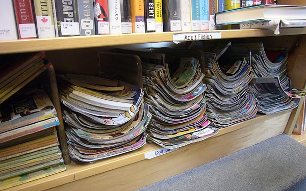 Stacks of comic books on a shelf