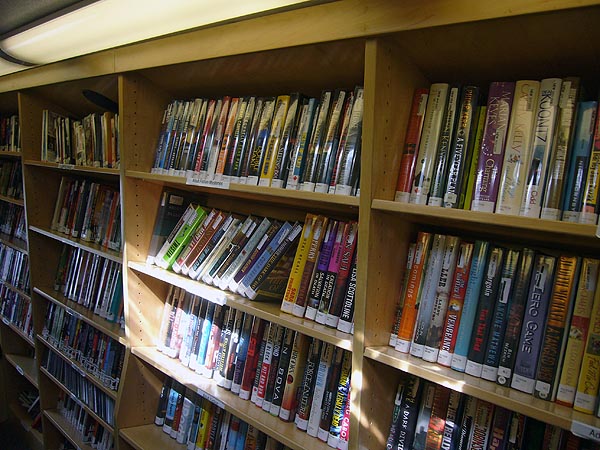 Blond-wood shelves filled with books
