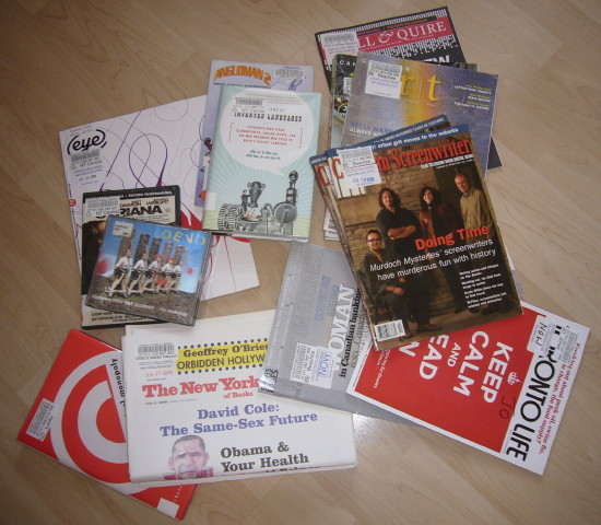 ‘Eye’, ‘Syriana,’ Devo CD, ‘Angloman 2,’ ‘Quill & Quire,’ ‘Canadian Screenwriter,’ ‘NYRB,’ ‘Toronto Life,’ ‘Canadian Art,’ two other books