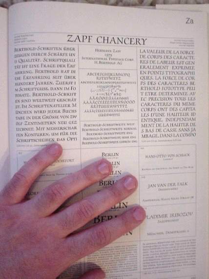 Zapf Chancery specimen-book closeup (with additional visible hand)