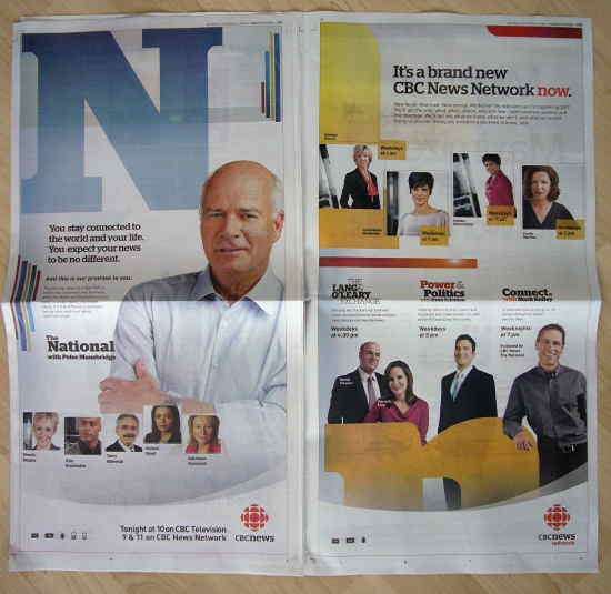 Two full-colour newspaper ads for CBC News