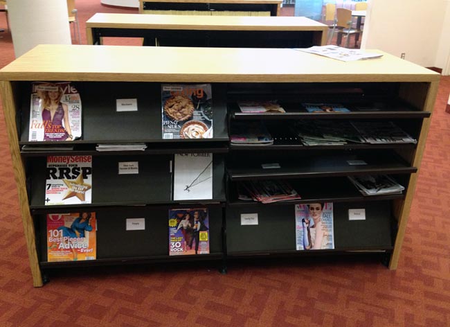 Picked-over magazine stand, half of whose racks are open