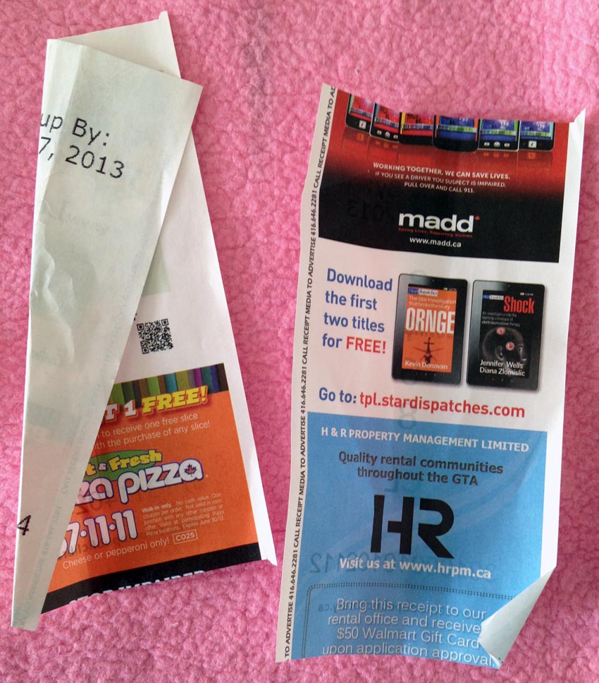 Recto and verso of hold slips, the latter with tacky adverisements
