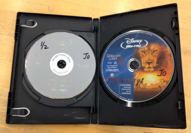 RFID-tagged DVD of ‘African Cats’ on left side, Blu-ray on right