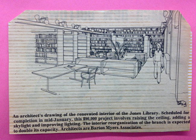 Rendering showing a simple table and low-slung bookshelves in front of two facing pairs of armchairs