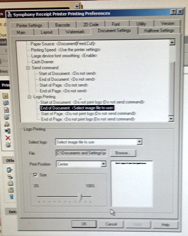 Symphony Receipt Printer Printing Preferences