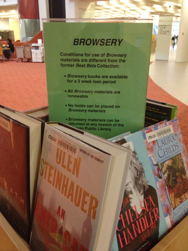 Laser-printed sign explaining Browsery items