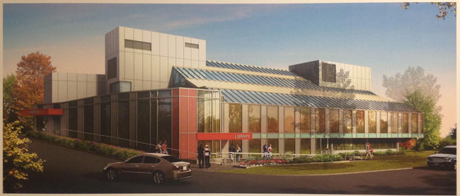 Rendering shows glassed-in two-storey facing on two sides, red column at corner