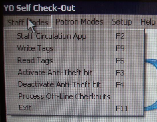 Staff Modes: Staff Circulation App F2, Write Tags F9, Read Tags F5, Activate Anti-Theft bit F3, Deactivate Anti-Theft bit F4, Process Offline Checkouts, Exit