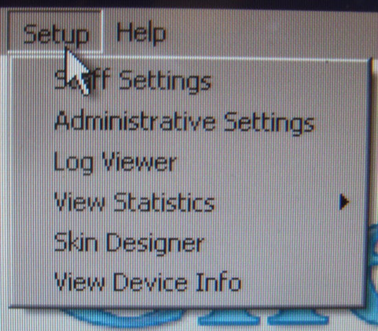 Setup: Staff Settings, Administrative Settings, Log Viewer, View Statistics ▶, Skin Designer, View Device Info