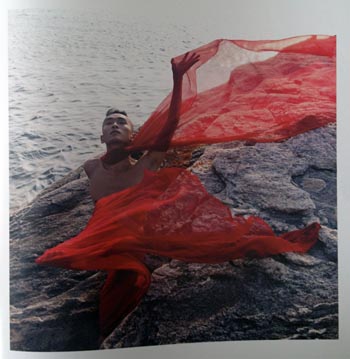 Sze-Yang Ade-Lam in diaphanous red robes on a windswept rocky outcropping (Cylla Von Tiedemann)