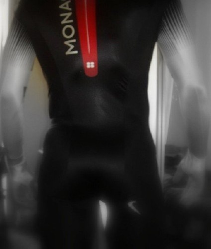 Blurred photo of rear of bobsledder in Mona bodysuit