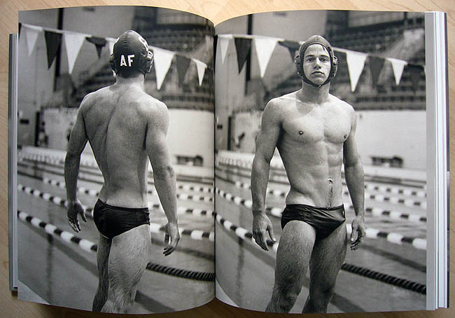 Front and back photographs of a man in a black swimsuit and a water-polo helmet labelled AF