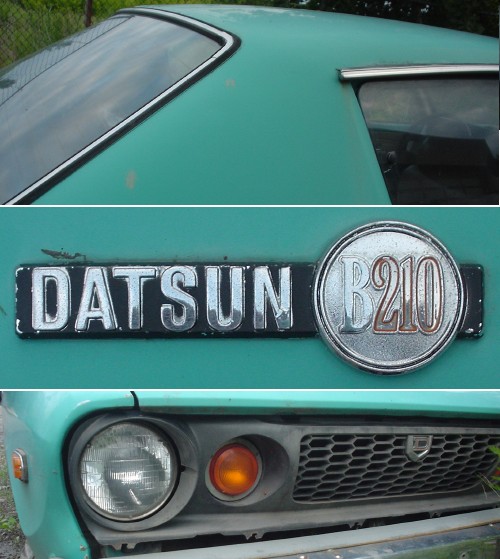 Teal-blue Datsun B210: Angled coupé roofline; nameplate; black honeycomb grille and deeply-recessed headlamp and turn signal