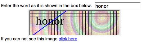 CAPTCHA image showing the word ‘honor’ with a blue bar through it. Black graph paper and concentric pastel circles sit behind it