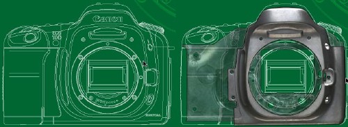 Two cutaway diagrams of the Canon EOS-1D