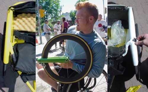 Red-haired Jeff fiddles with his lime-green wheelchair fork. Left and right halves of two other wheelchair seats surround the photo