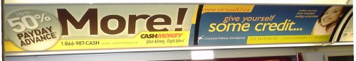 Subway advertisements side by side: ‘CashMoney: 50% Payday Advance!’ and ‘Give Yourself Some Credit: Ryerson University’