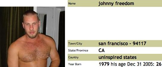 Screenshot shows tanned, shirtless man with close-cropped hair and various information fields, including the username ‘johnny freedom’