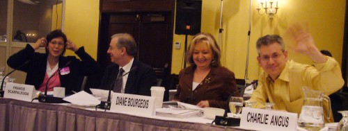 Tina Keeper, Frnacis Scarpaleggia, Diane Bourgeois, and Charlie Angus, raising his hand