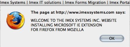 Dialogue box reads: WELCOME TO THE IMEX SYSTEMS INC. WEBSITE INSTALLING MICROSOFTE IE EXTENSION FOR FIREFOX FROM MOZILLA
