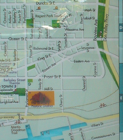 Map shows the area south of Dundas from Ontario St. to the Don Valley Parkway