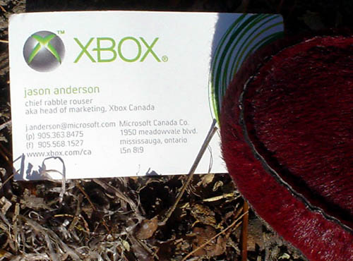 Red suede shoe steps on business card for Jason Anderson, Chief Rabble Rouser, AKA Head of Marketing, Xbox Canada