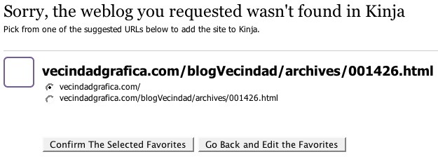 Alert screen shows a base URL and a full permalink and the heading: Sorry, the weblog you requested wasn’t found in Kinja. Pick from one of the suggested URLs below to add the site to Kinja