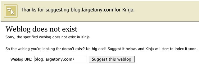 Alert screen carries the heading: Thanks for suggesting blog.largetony.com for Kinja