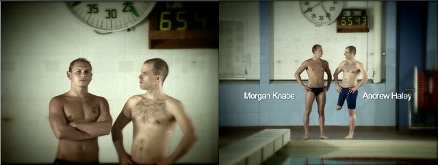 Screenshots show blond, fit, hairless Morgan Knabe and brown-haired, thin, hirsute Andrew Haley standing at poolside