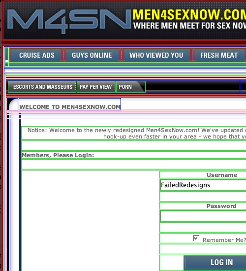 Screenshot shows ‘M4SN’ page with dozens of overlapping red, green,a nd blue outlines on navbar, content area, and login form