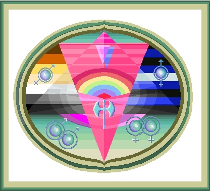 Framed crest has overlappping triangles, a labyris, and intertwined male and female symbols