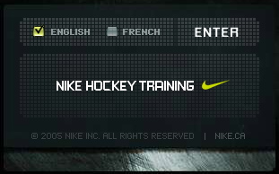 Screenshot shows the words NIKE HOCKEY TRAINING; two checkboxes, English and French; and an ENTER button
