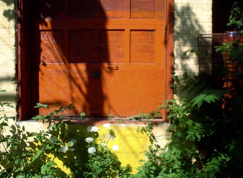 A loading-dock door, with thinning orange paint, sits nestled in a concrete-and-brick wall behind leafy plants and flowers
