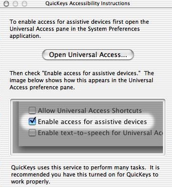 QuicKeys setup screen instructs you to activate Universal Access