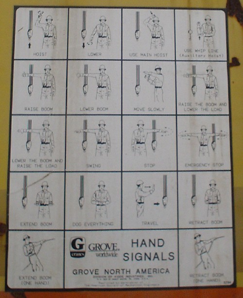 Decal shows line drawings of a hard-hatted man and a suspended construction hook. Drawings give hand signals for HOIST, LOWER, SWING, DOG EVERYTHING, and other actions