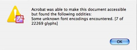 ‘Acrobat was able to make this document accessible but... [s]ome unknown font encodings encoutered [7 of 22269 glyphs]’