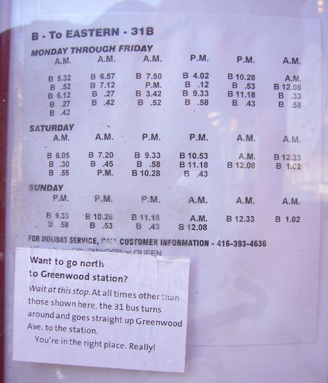 31B bus schedule (six columns of text in three sections) with label attached at the bottom: Want to go north to Greenwood station?