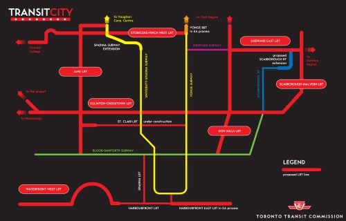 Map labelled TRANSIT CITY has seven lines in red and one each in green, yellow, and blue