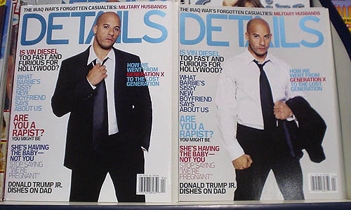 Two identical issues of ‘Details’ with different colours (one with red accent type, the other with pale blue)