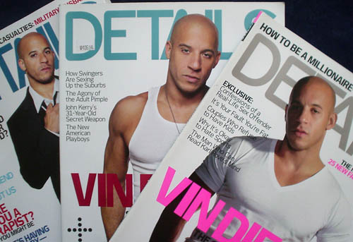 Vin Diesel – dressed in a suit, in a tank top, in a V-necked T-shirt – on three covers of ‘Details’