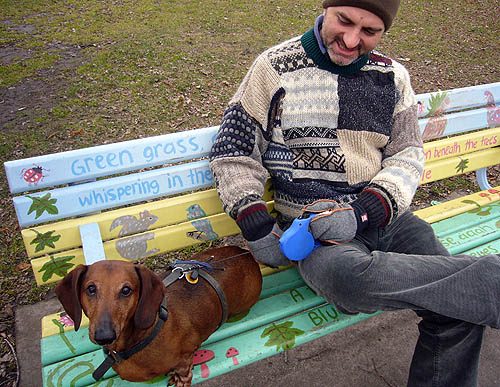 Me and a brown (‘red’) dachshund on a colourful park bench